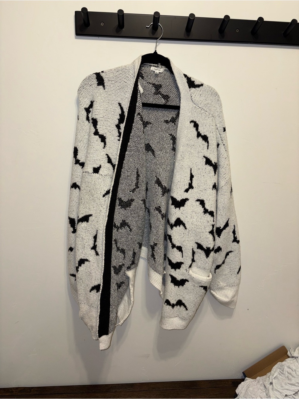 Maurices White Cardigan with Black Bat Pattern